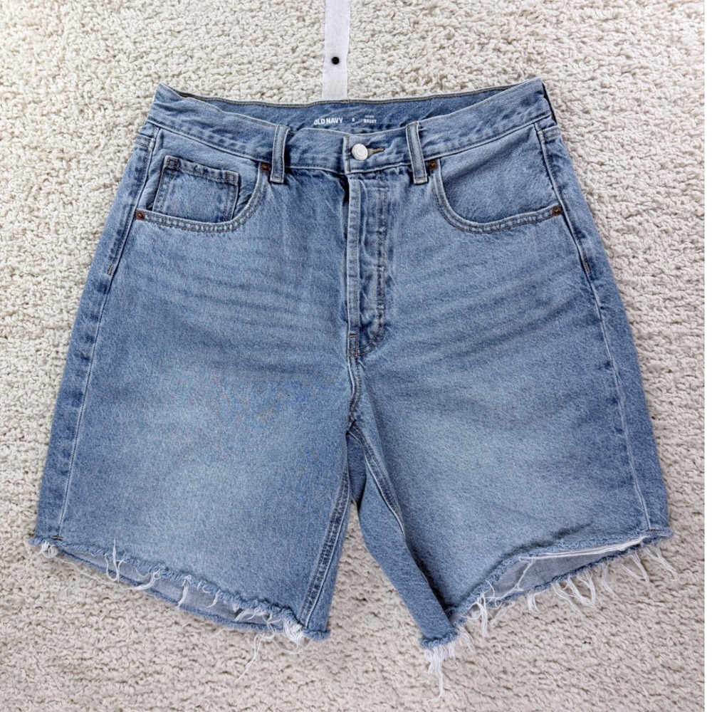 Womens Size 8 Old Navy Denim Shorts Light Wash Mid Rise Baggy Jorts Frayed Hem
